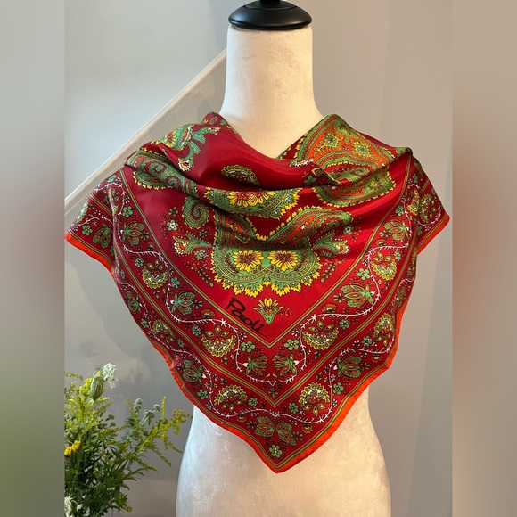 PAOLI Paisley Floral Scarf Red Yellow 27”x27” Made in Japan - Picture 5 of 13